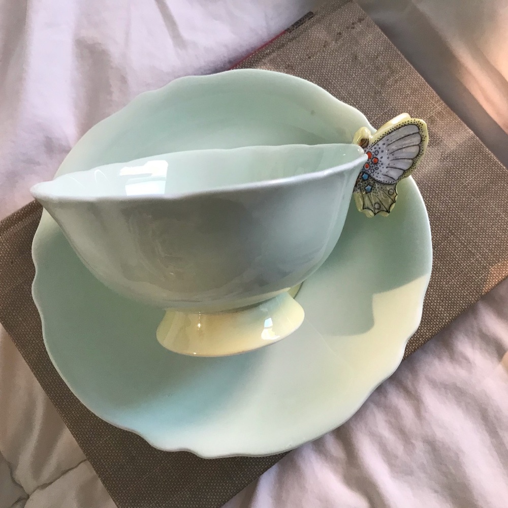ENGLISH CHINA BUTTERFLY TURQUOISE TEACUP & SAUCER